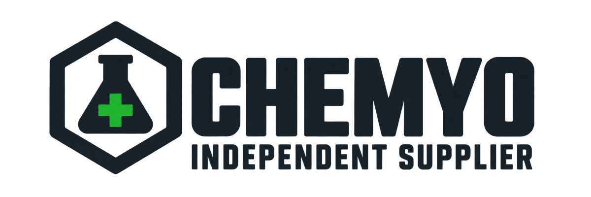 Chemyo wordmark with charcoal laboratory-flask badge and green plus accents