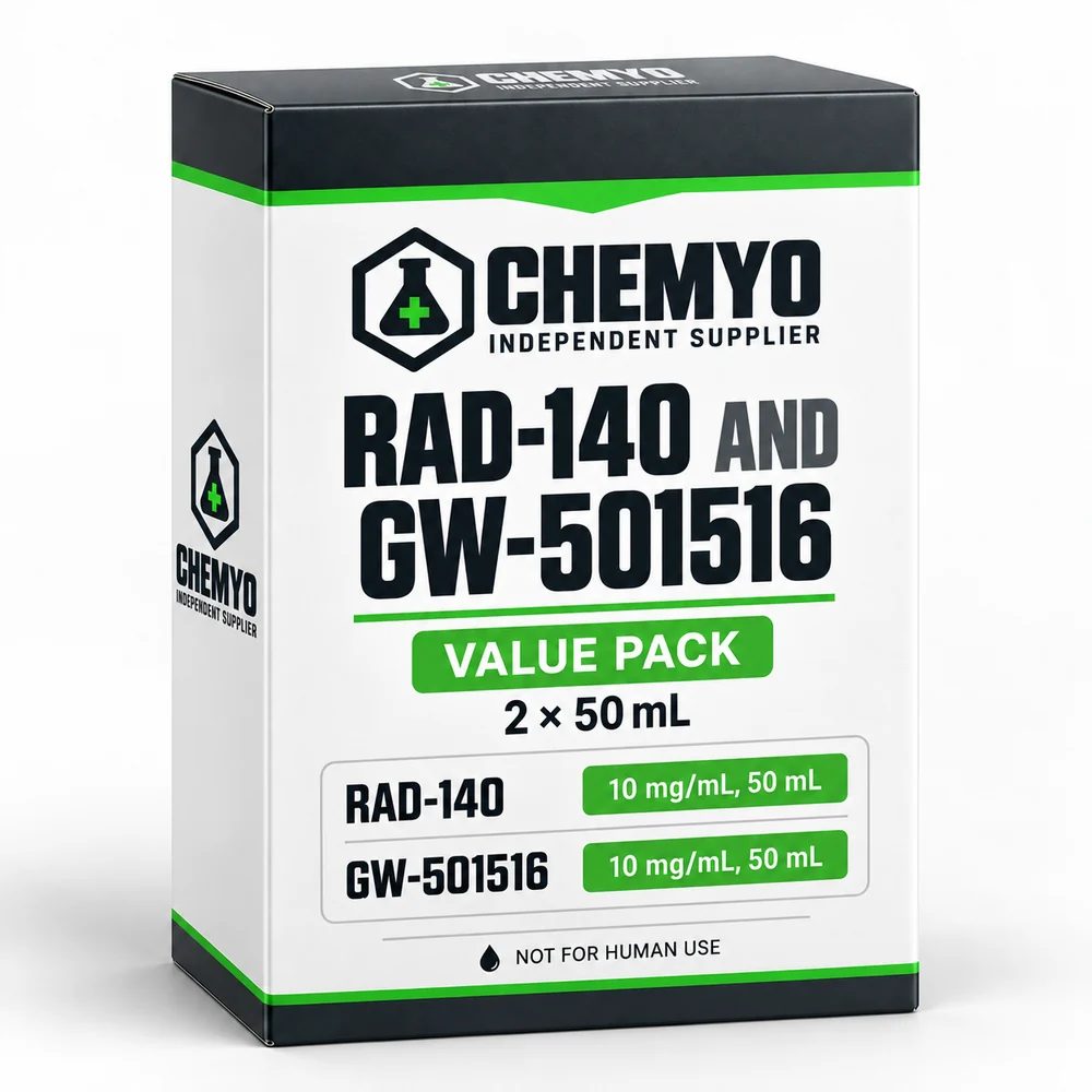 Chemyo RAD-140 and GW-501516 value-pack carton showing two separately listed 50 mL items